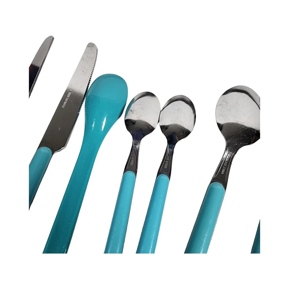 8pc Flatware Set Turquoise Blue Handles Stainless Steel Knives‎ Spoons Utensils